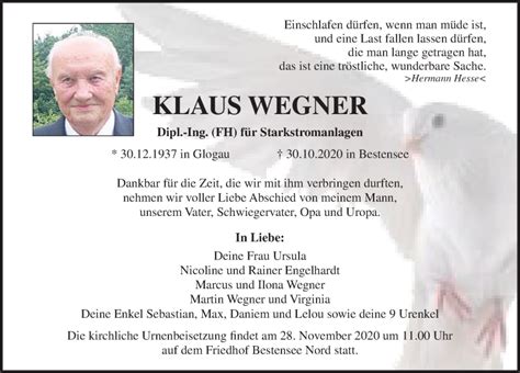 Traueranzeigen Von Klaus Wegner Trauer Anzeigen De