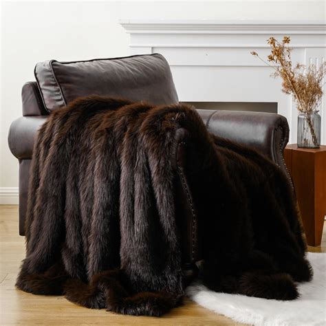 Battilo Home Luxury Fluffy Brown Faux Fur Throw Blanket Cozy Warm Fur Blanket For