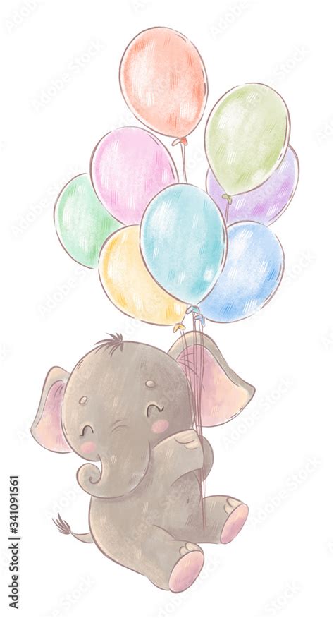 Cute baby elephant with balloon ilustración de Stock Adobe Stock