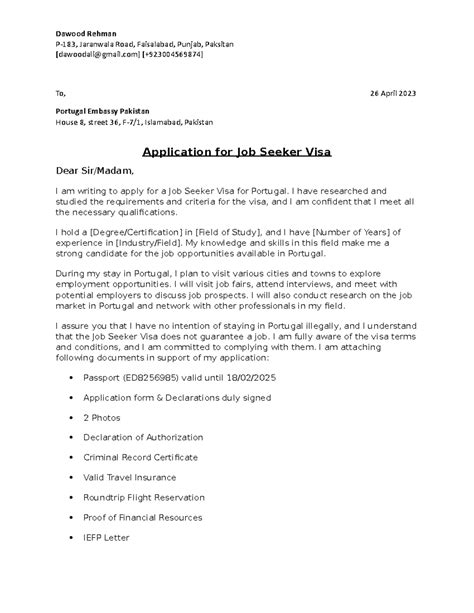 Cover Letter Template for Portugal Job Seeker Visa - Dawood Rehman P
