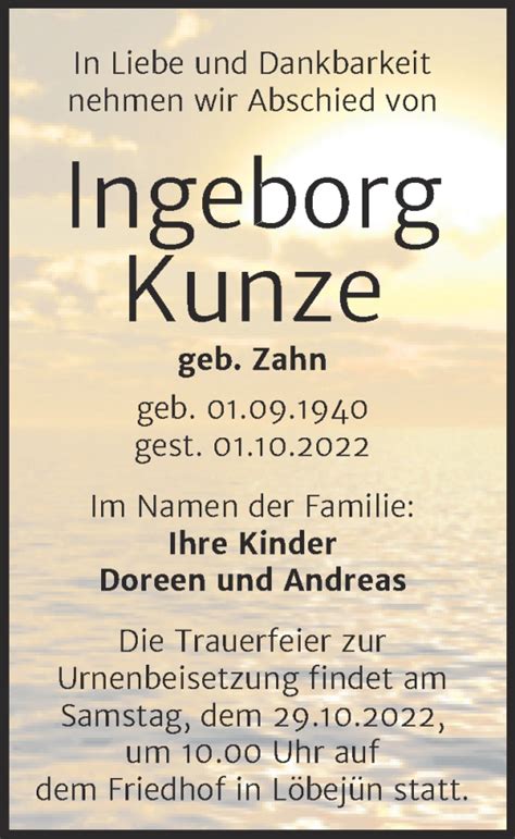 Traueranzeigen Von Ingeborg Kunze Abschied Nehmen De