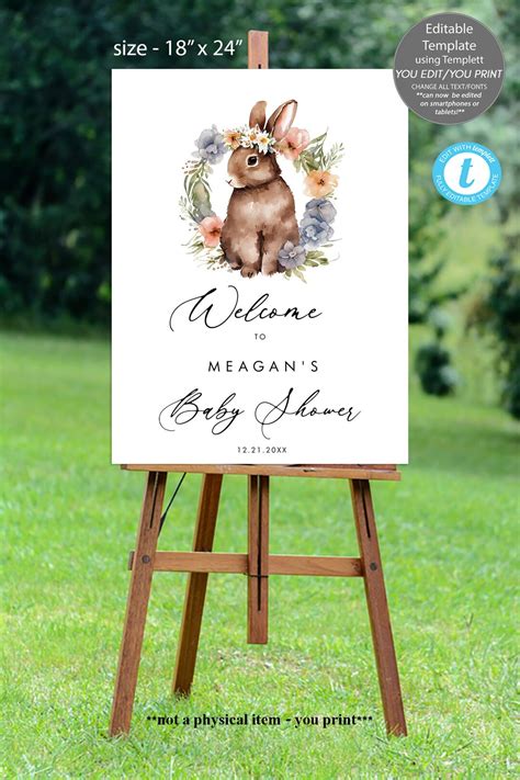 Floral Bunny Baby Shower Welcome Sign Editable Template Editable Bunny