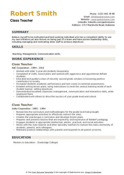 Class Teacher Resume Samples | QwikResume