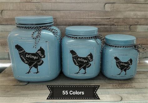 Rustic Blue Kitchen Canister Set With Chickens Rustic Kitchen