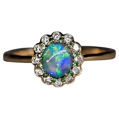 Halo Diamond Australian Semi Black Opal Tsavorite Engagement Ring 18K