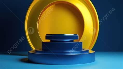 Abstract Blue Background With D Render Of Yellow Stage Podium Pedestal