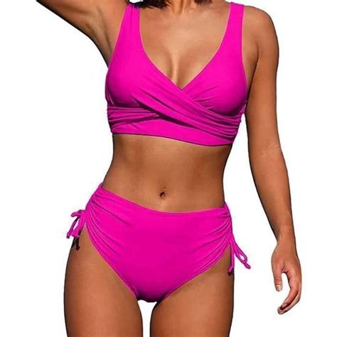 Maillot de Bain Femme Bikini Torsadé Taille Haute Col V Rose Rose Cdiscount Prêt à Porter