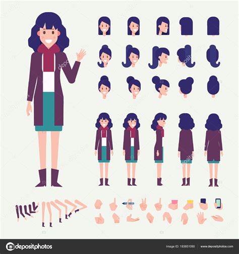 Flat Vector Young Woman Character Character Creation Set Various Views