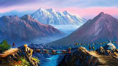 Nepali Painting Painting A Beautiful Mountain Landscape With Acrylics