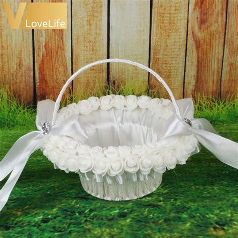 White Rose Flower Wedding Basket With Satin Ribbons Bow Rhinesotne