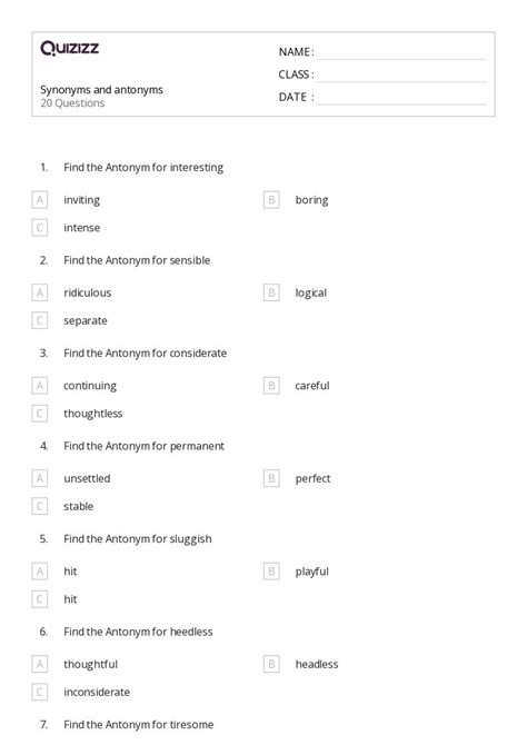 50 Synonyms And Antonyms Worksheets For 8th Year On Quizizz Free