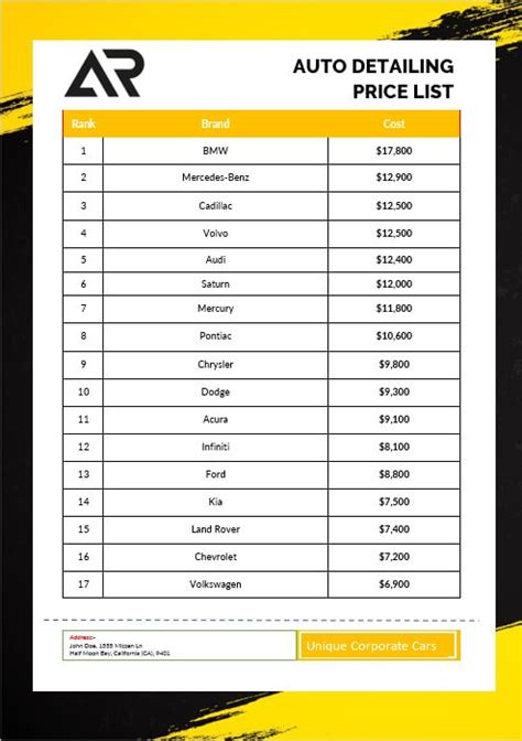 10 Auto Detailing Price List Template Room