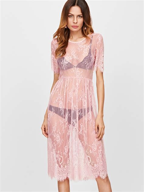 Pink Split Back Sheer Floral Lace Dress Sheinsheinside