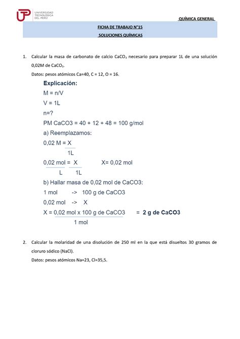 Ficha de trabajo 15 Soluciones químicas 2 1 QUÍMICA GENERAL