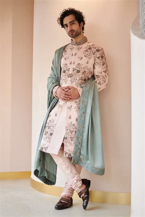 Buy Pink Linen Silk Embroidered Floral Motifs Hand Sherwani And Kurta