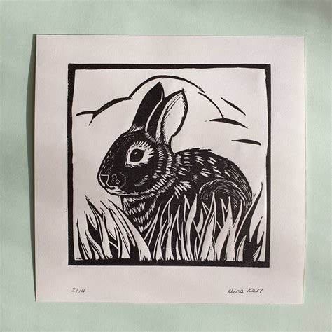 Bunny Linocut Print Original Rabbit Linocut Wildlife Linocut Print