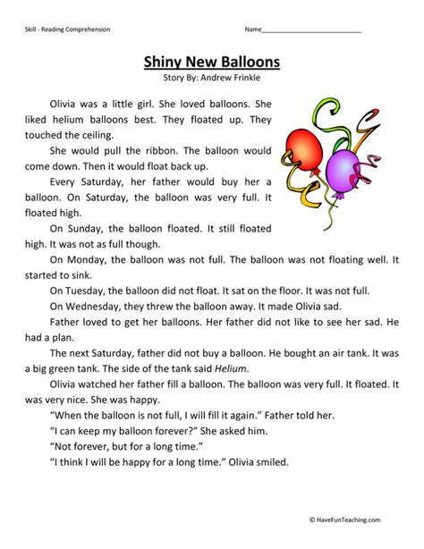 Shiny New Balloons Reading Comprehension Worksheet Have Fun Teaching