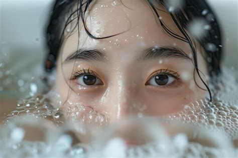 Asian Woman Taking A Bath In The Tub Premium Ai Generated Image