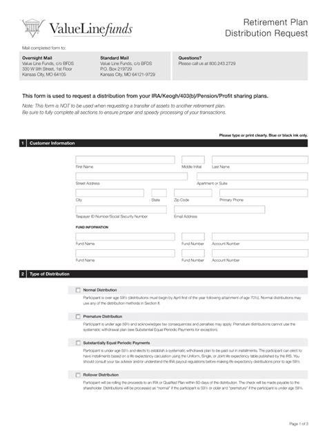 Fillable Online Retirement Plan Distribution Request Value Line Funds