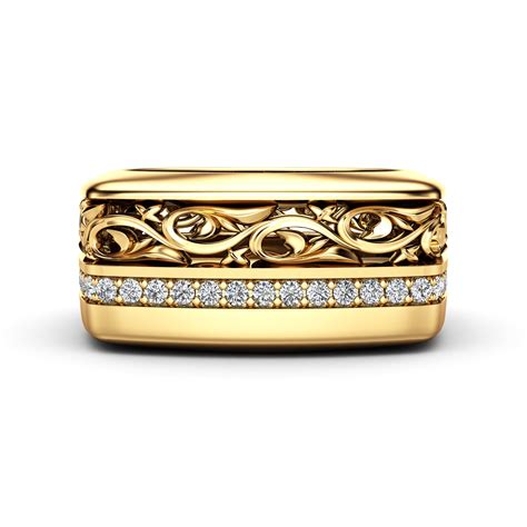 Special Design 14k Yellow Gold Mens Diamond Wedding Band Camellia Jewelry