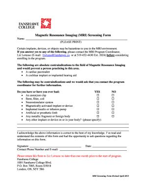 Fillable Online Mri Screening Form Fanshawe College Fax Email Print