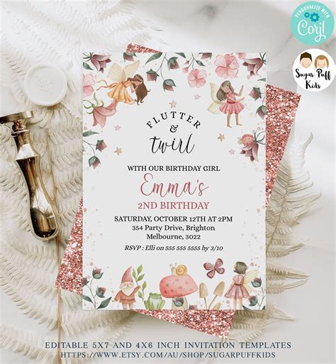 Printable Fairy Birthday Party Invite Editable Floral Fairies Birthday