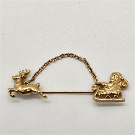 S Avon Santa Sleigh Reindeer Shaped Gold Tone S Gem