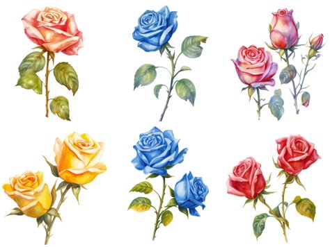 Collection Of Vintage Roses With Branch Colorful Watercolor Pink Blue