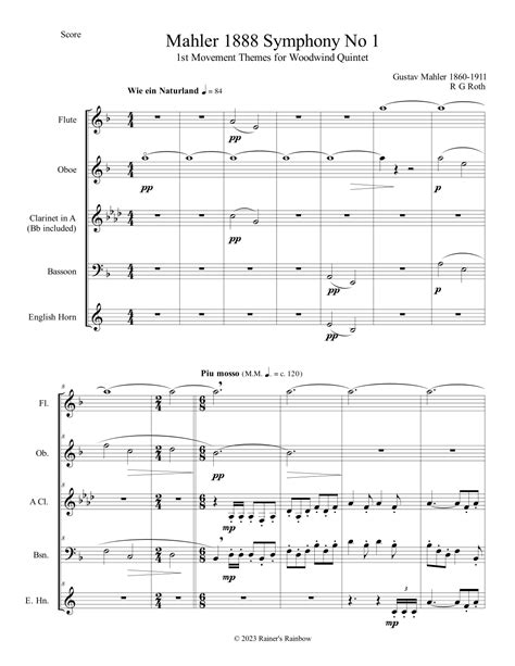 Mahler 1888 Symphony No 1 1st Movement Themes Woodwind Quintet Score