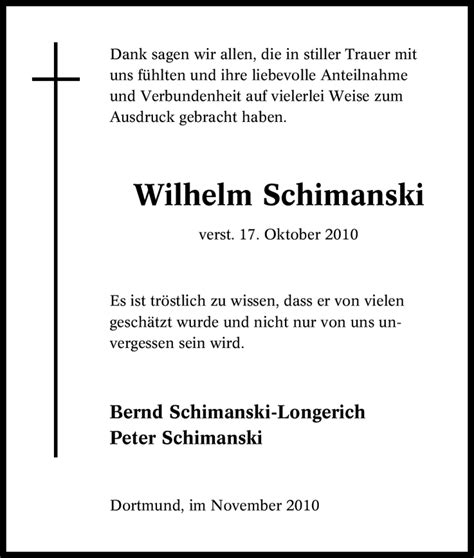 Traueranzeigen Von Wilhelm Schimanski Trauer In Nrw De