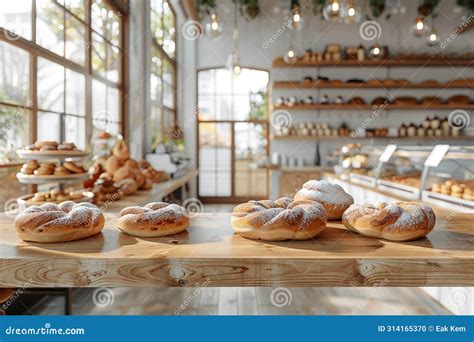 Rustic Bakery Interior Boasting Fresh Breads And Pastries On Wooden