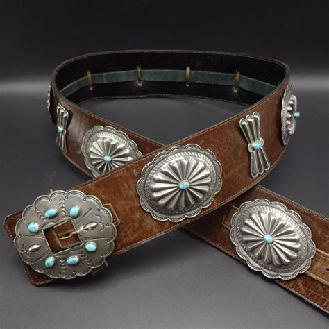 Vintage Navajo Hand Stamped Sterling Silver Turquoise Concho Belt