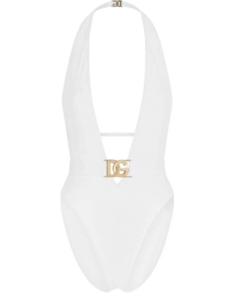 Dolce And Gabbana Plunge Neck Halterneck Swimsuit In White Lyst Uk