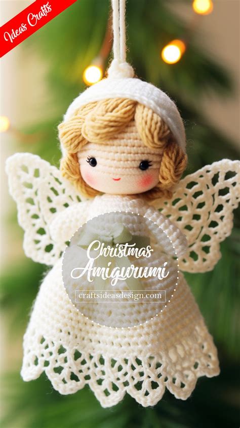 A Crocheted Angel Ornament Hanging From A Christmas Tree