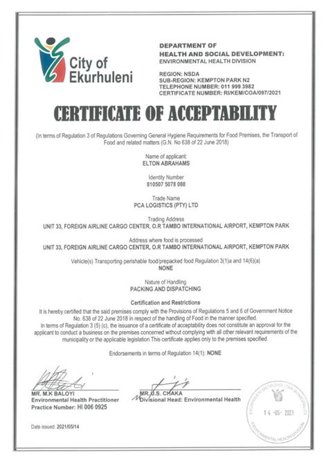 Ekurhuleni Certificate Of Acceptability PCA Logistics