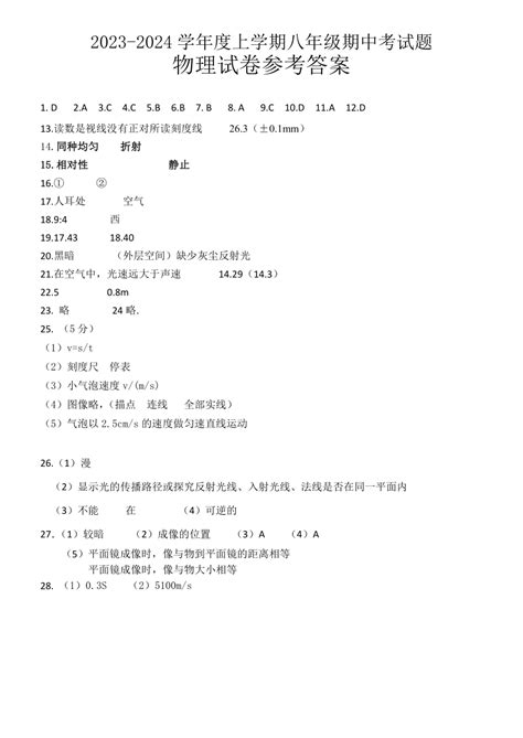 黑龙江省哈尔滨市巴彦县华山乡第一中学2023 2024学年八年级上学期期中考试物理试题（pdf版 含答案） 21世纪教育网