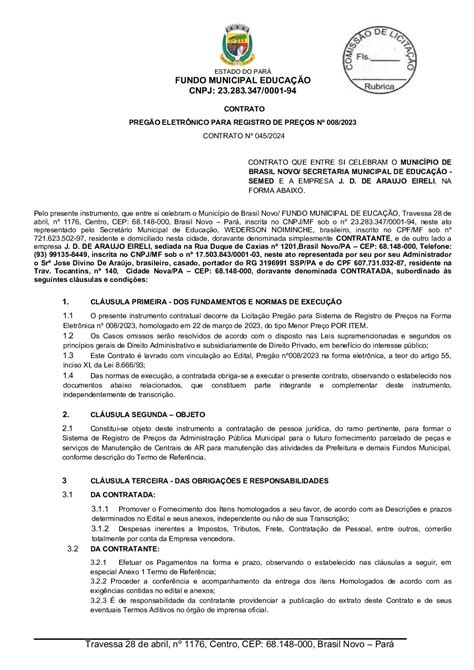 CONTRATO 045 2024 PE SRP 008 2023 FUNDO DE EDUCAÇÃO Prefeitura