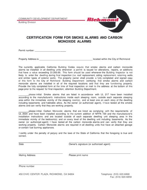 City Of Richmond California Certification Form For Smoke Alarms And Carbon Monoxide Alarms