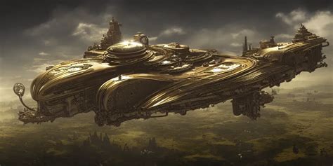 Steampunk Spaceship Hovering Over Fields And Small Stable Diffusion