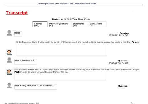 Focused Exam Abdominal Pain Shadow Health TRANSCRIPT OBJECTIVE