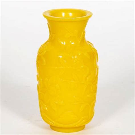 Chinese Yellow Peking Glass Vase Peonies And Prunus