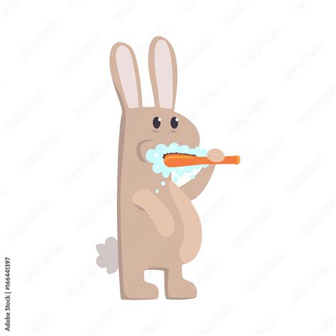 Cute cartoon bunny brushing teeth with tooth brush and paste colorful ...