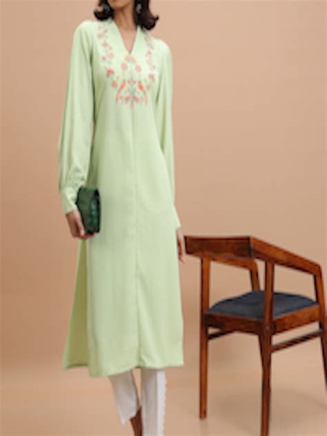 Buy Vishudh Green Floral Yoke Design Thread Work Straight Kurta