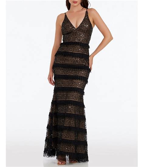 Dress The Population Beaded Sequin V Neck Sleeveless Mermaid Gown Dillards