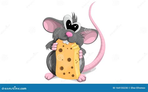 Cute Rat With Cheese In Cartoon Style On White Background Vector