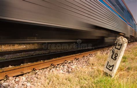 Milestone And Train In A Fast Movement Stock Image Image Of