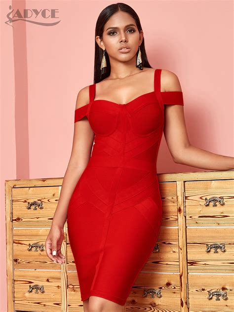 Adyce Off Shoulder Bodycon Bandage Dress Women Sexy Red Spaghetti Strap