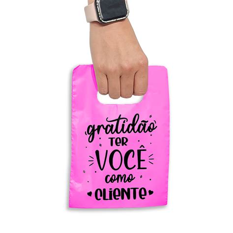 Sacola Plástica 15x20 Pct 50 unidades Frase Gratidão Pink