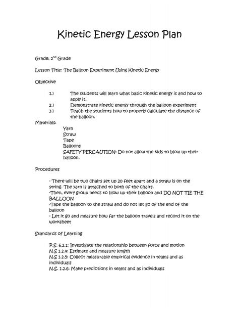 Kinetic Energy Lesson Plan Faculty Web Pages