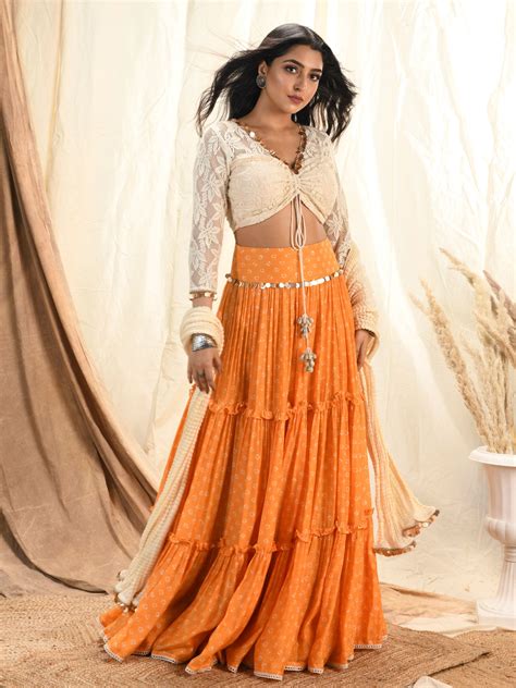 Mango Bandhni Lehenga Set Aaryaa By Kk East Boutique Aza Fashion Mirror Work Lehenga